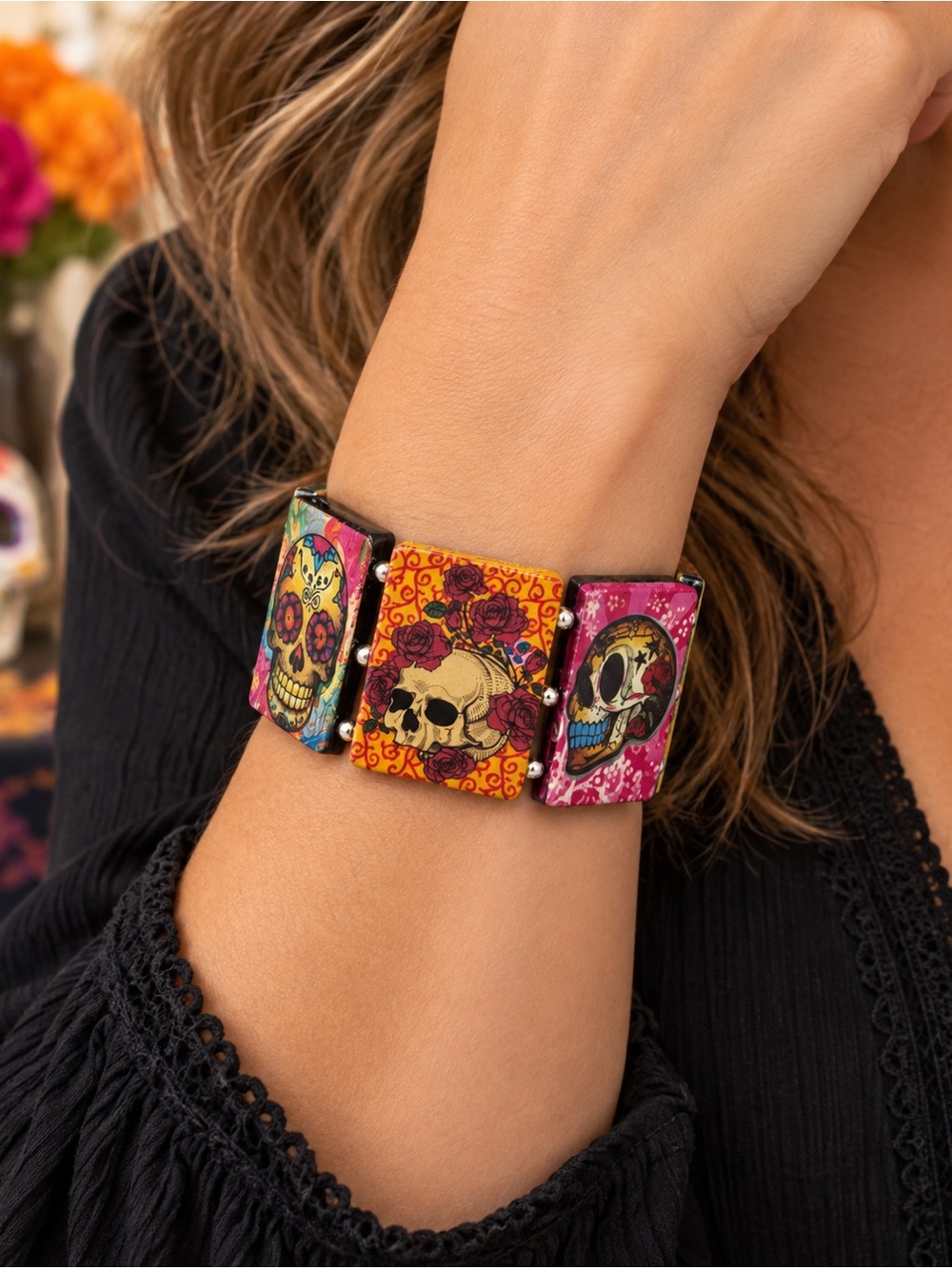 Vintage Day of the Dead Skull Tile Stretch Bracelet